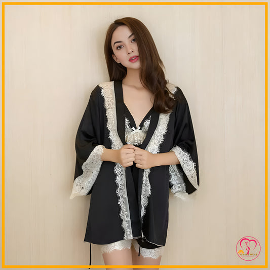 Lace Patchwork 3-Piece Silk Nightwear - Black