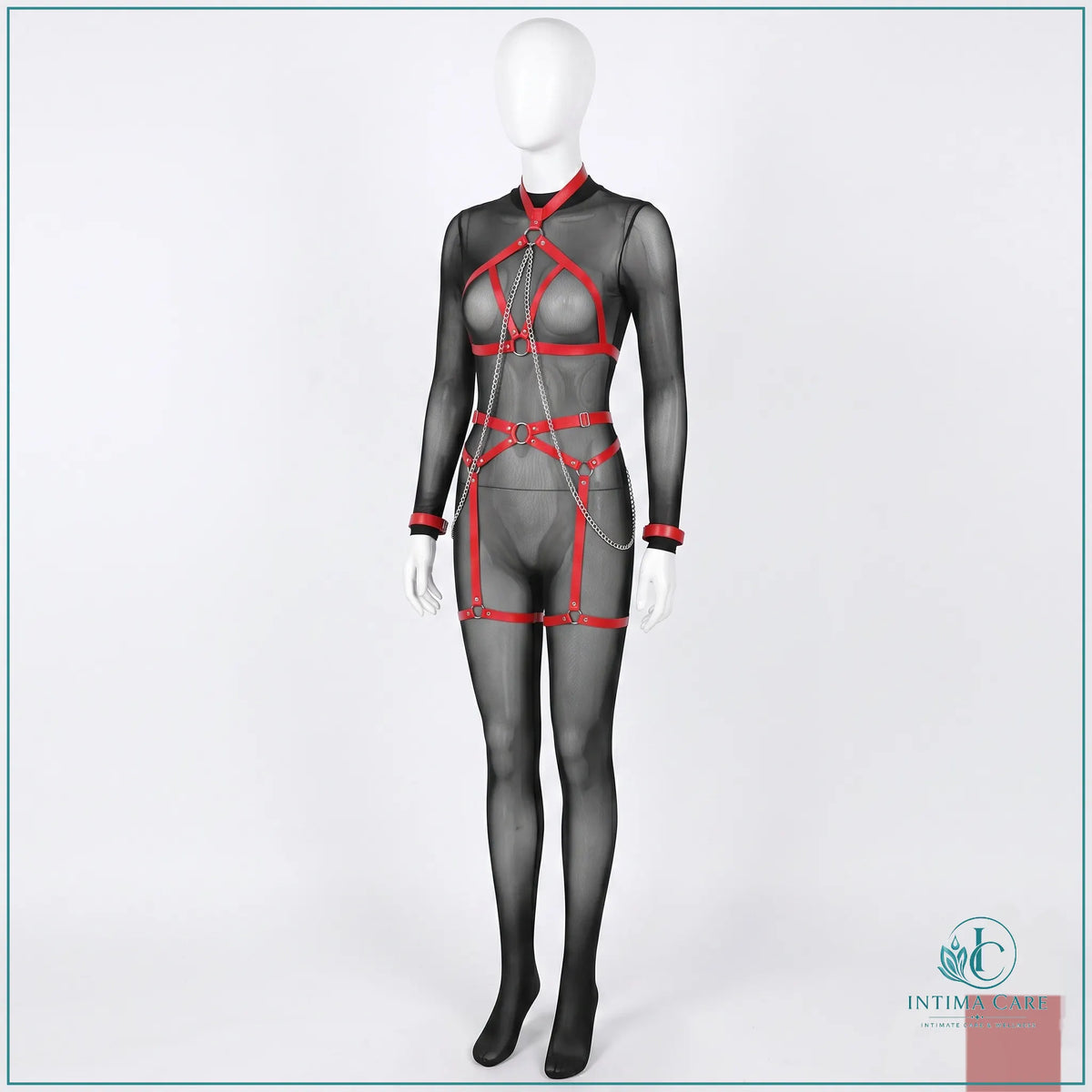 Harness bodystocking set with chain neckband and full body stocking