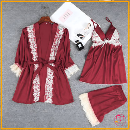 Lace Patchwork 3-Piece Silk Nightwear