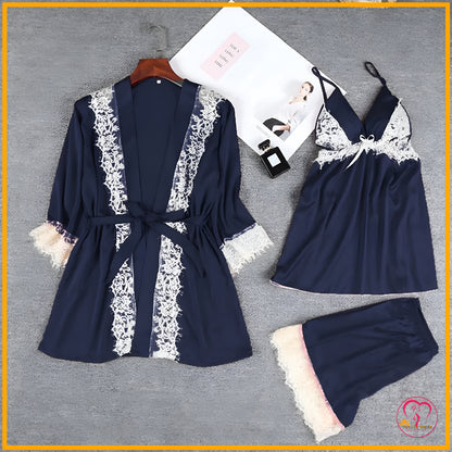 Lace Patchwork 3-Piece Silk Nightwear