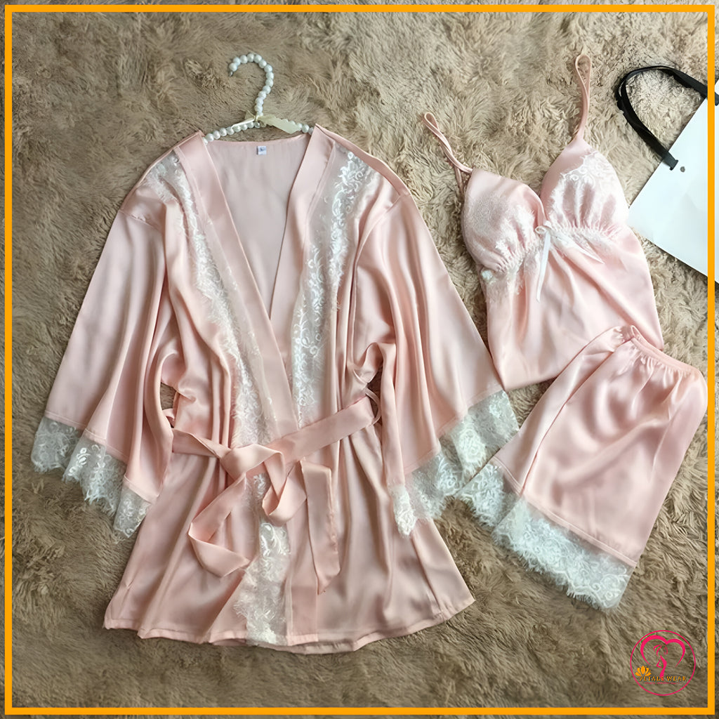 Lace Patchwork 3-Piece Silk Nightwear