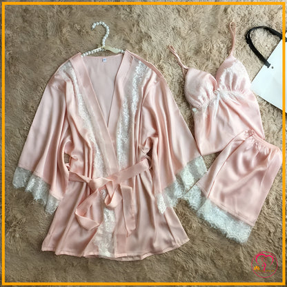 Lace Patchwork 3-Piece Silk Nightwear