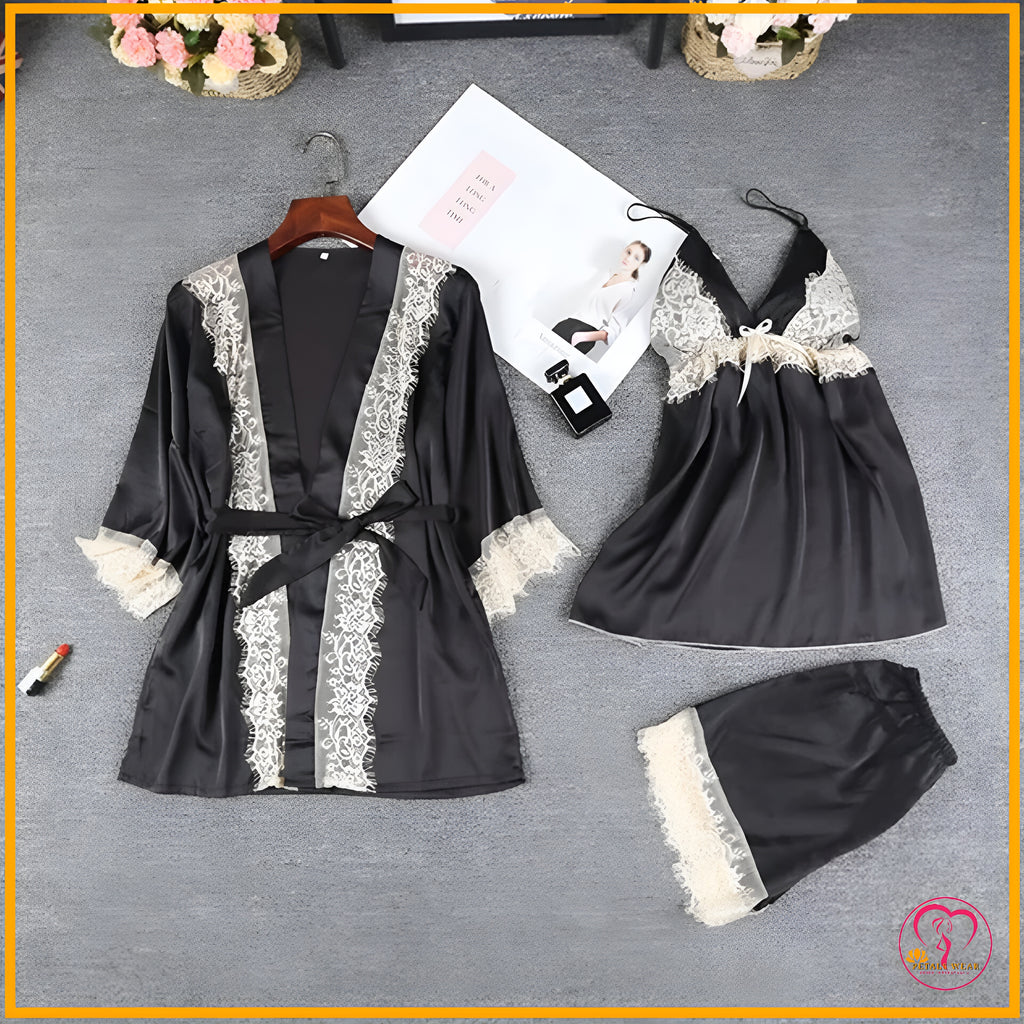 Lace Patchwork 3-Piece Silk Nightwear