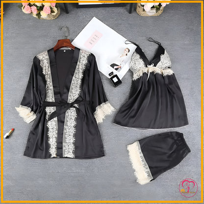 Lace Patchwork 3-Piece Silk Nightwear