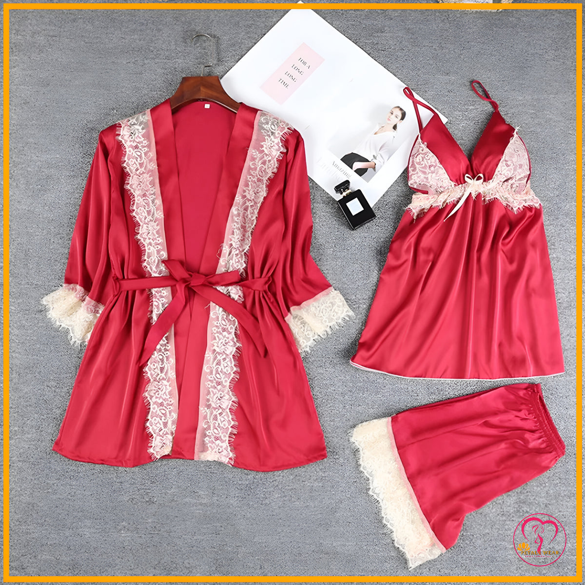 Lace Patchwork 3-Piece Silk Nightwear