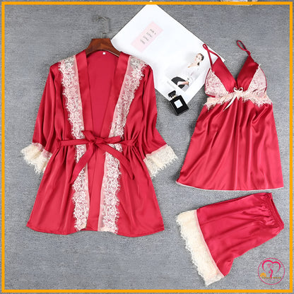 Lace Patchwork 3-Piece Silk Nightwear