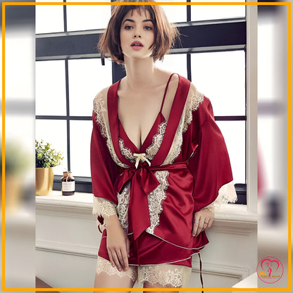 Lace Patchwork 3-Piece Silk Nightwear