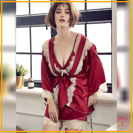 Lace Patchwork 3-Piece Silk Nightwear - Maroon