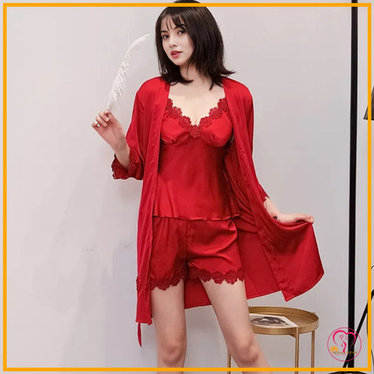 Luxury 5-Piece Silk Bridal Nightwear - Maroon