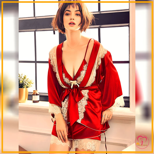 Lace Patchwork 3-Piece Silk Nightwear - Red