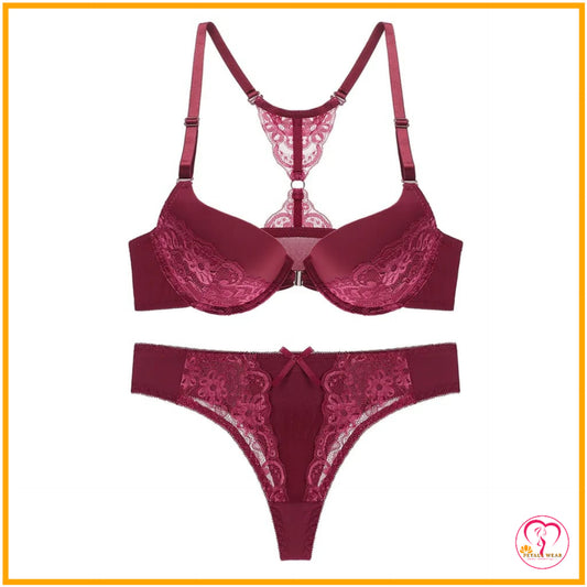 Floral Lace Push-Up Bra Set (Front Open) - Maroon / 38B
