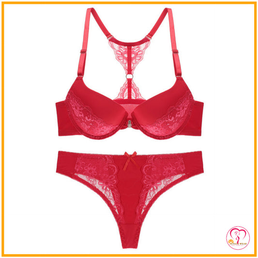 Floral Lace Push-Up Bra Set (Front Open) - Red / 38B