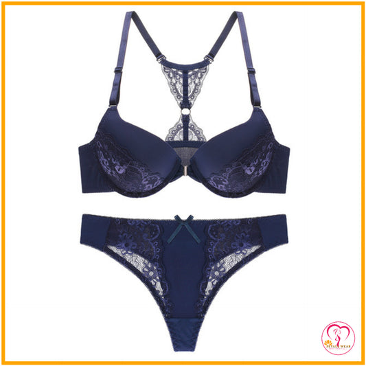 Floral Lace Push-Up Bra Set (Front Open) - Navy / 36B