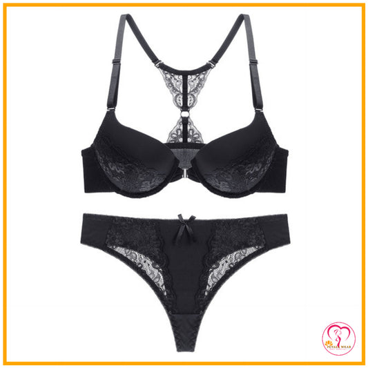 Floral Lace Push-Up Bra Set (Front Open) - Black / 40B