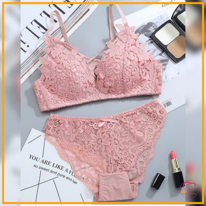 Lace Cross-Bandage Padded Bra Set