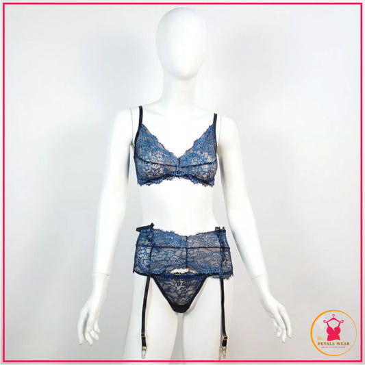 Floral Lace 3 Piece Lingerie Set - Blue