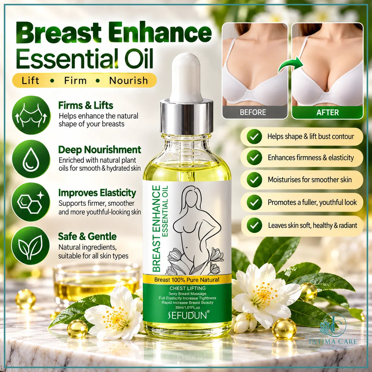 Women's breast care massage oil with botanical ingredients in 30ml bottle