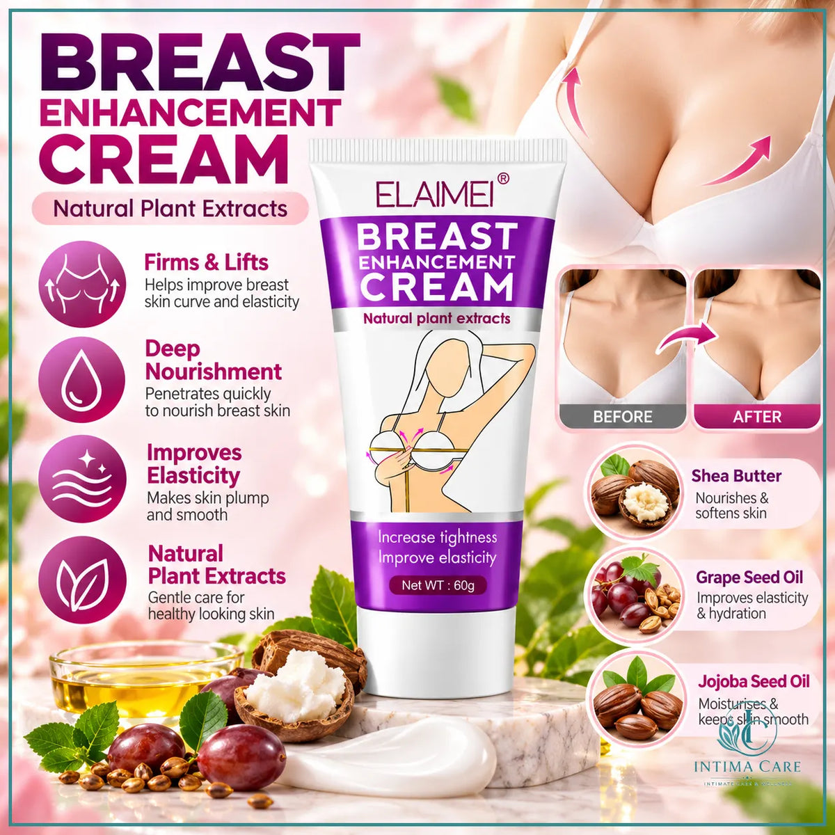 Breast Enhance Cream formulated with jojoba seed oil and vitamin E