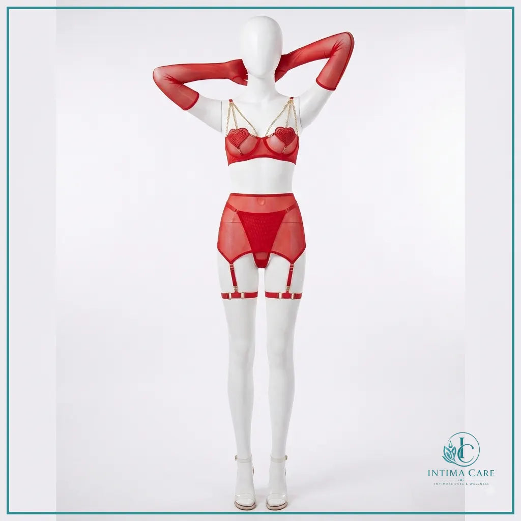 Four-piece women's cupless lingerie set with decorative chain detailing