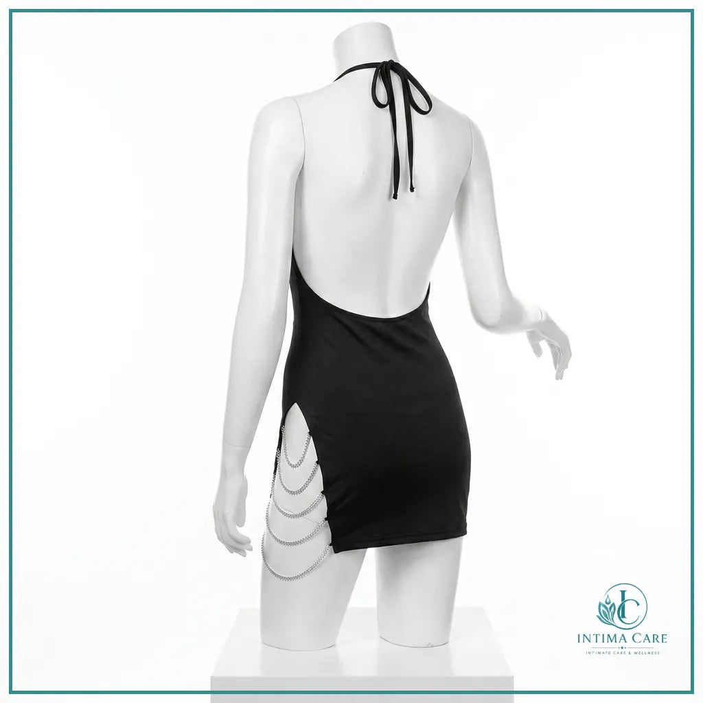 Backless club dress with decorative chain detailing