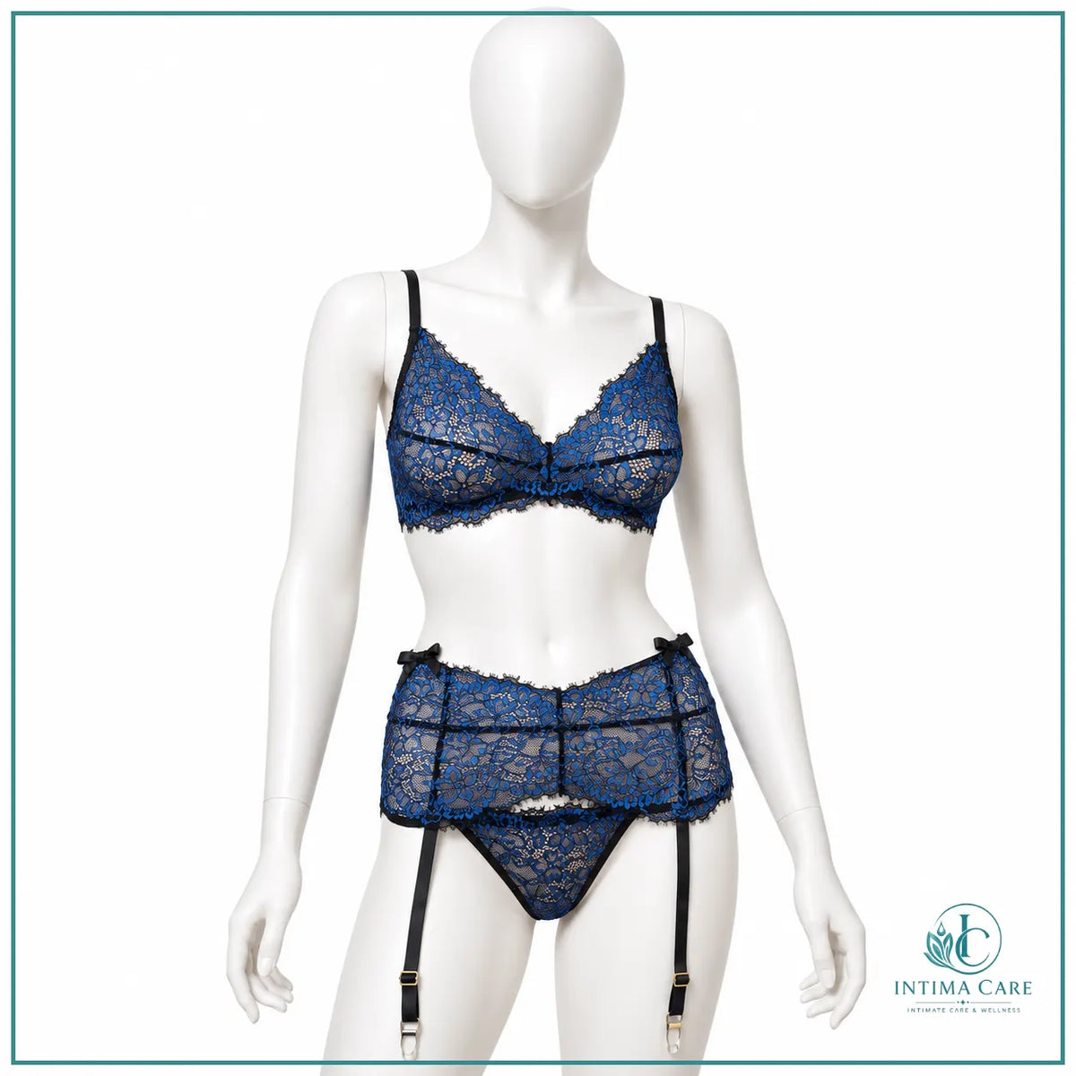Elegant floral lace three piece lingerie set with matching garter belt and panty