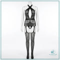 Hollow-out jacquard lingerie bodystocking onesie with matching leg stockings