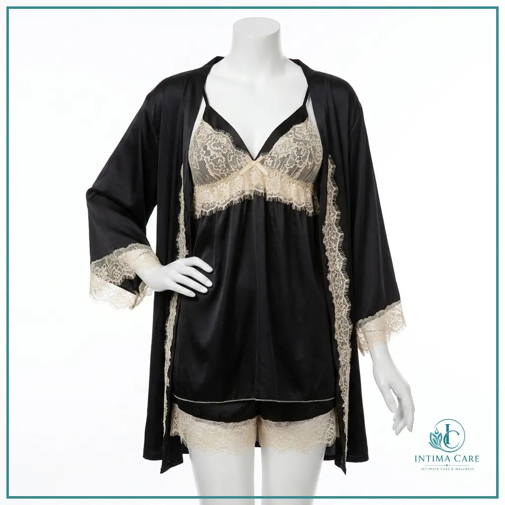 Women's 3-piece silk nightwear set with lace patchwork design