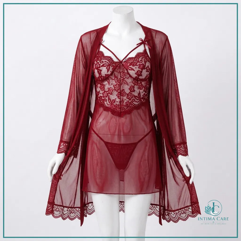 Luxury sheer mesh babydoll robe set with matching panty for women