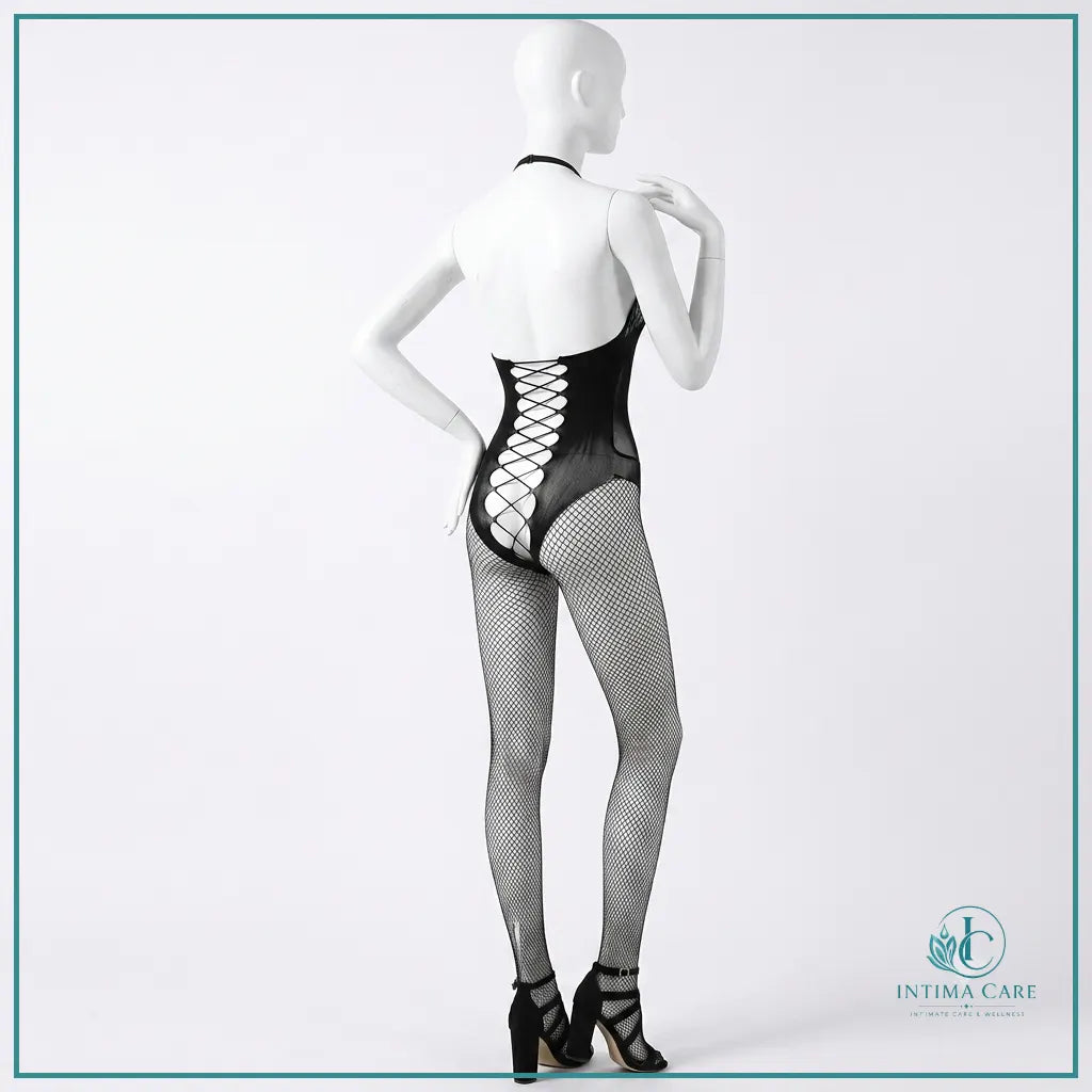 Women's nude fishnet body stocking lingerie with stylish intimate fashion appeal