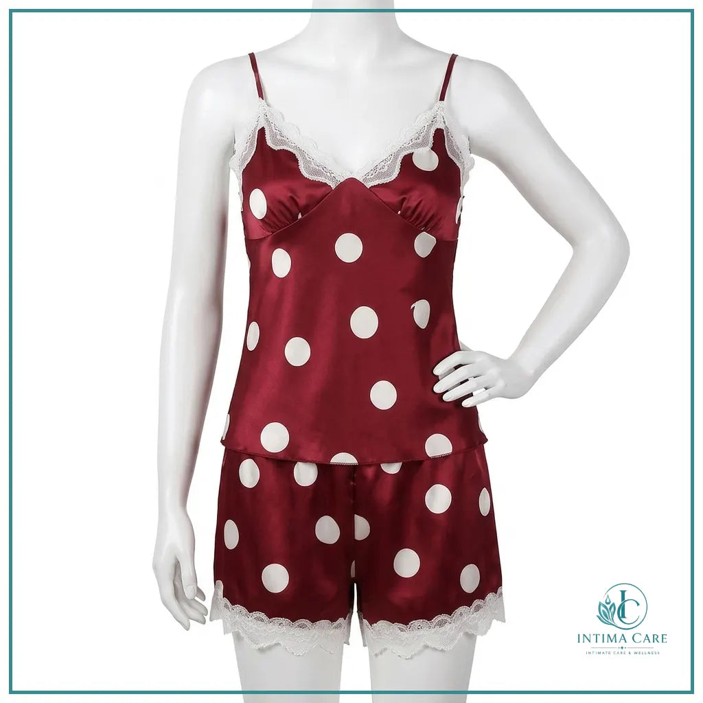 Two-piece polka dot satin silk nightwear with top and matching knicker